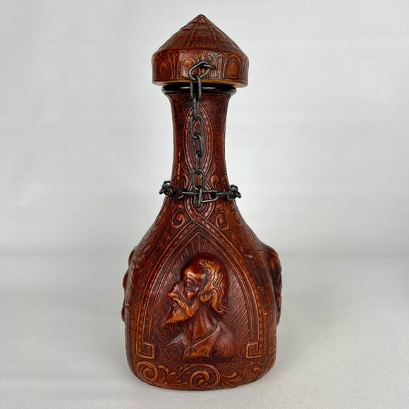 Vintage Jeyre Embossed Leather Don Quixote Decanter Wine Whiskey Spain set of 2 - Picture 5 of 16